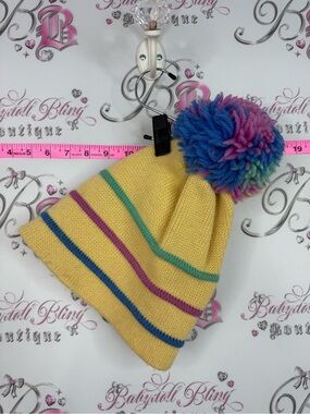 SMILEY pure wool hat Yellow Knit Pom Hat with Colorful Pom and Stripe Accents